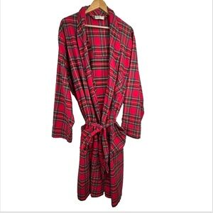 LL Bean Flannel Robe L Red Green Scotch Plaid Belt Pockets Classic Old Money